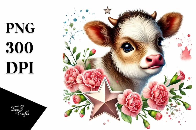 Cute Baby Hignland Cow with Carnation Floral Ornament on
