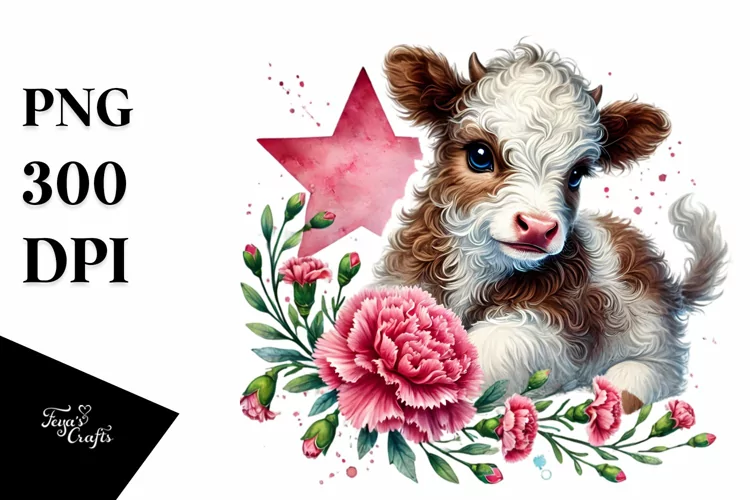 Cute Baby Hignland Cow with Carnation Floral Ornament on