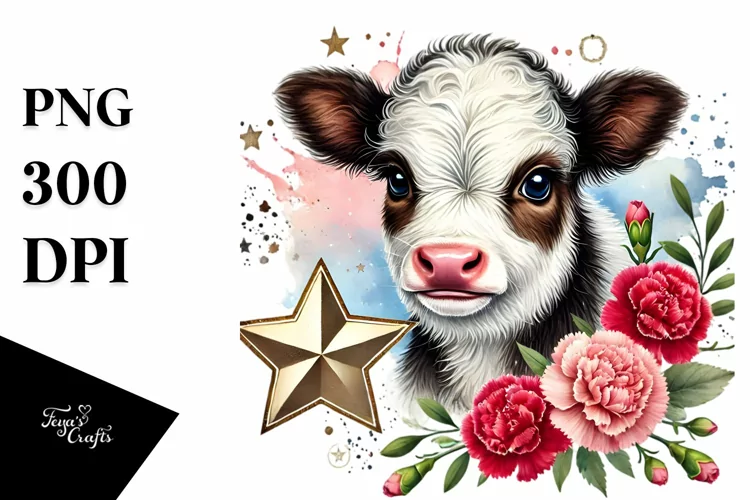 Cute Baby Hignland Cow with Carnation Floral Ornament on