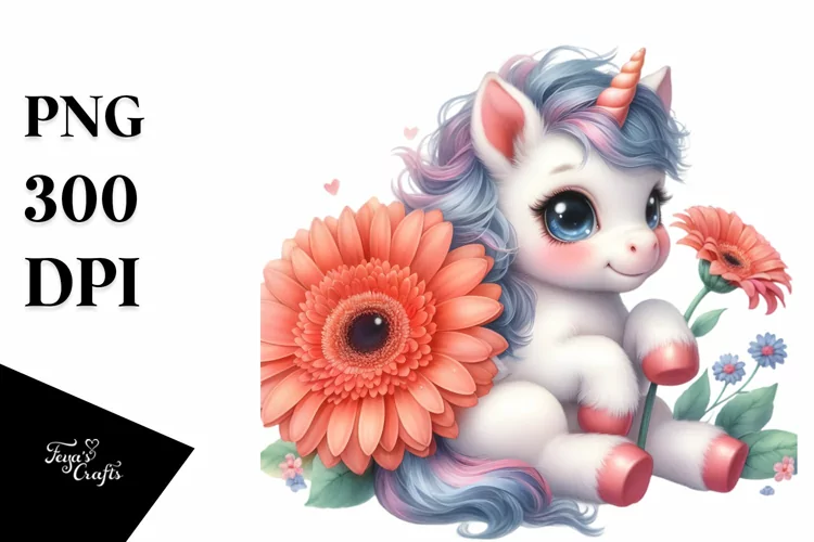 Cute Baby Unicorn Watercolor with Gerbera