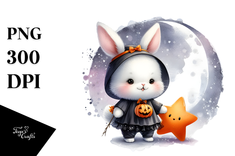 Digital Painting of Cute Baby Bunny, Halloween PNG