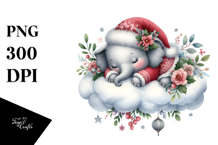 Vibrant Sleeping Elephant Christmas Watercolor Clipart