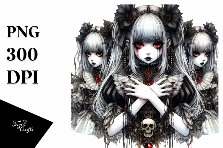 Detailed Watercolor Gothic Girl PNG