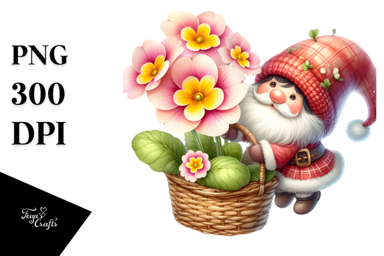 Watercolor Gnome with Large Primrose, PNG