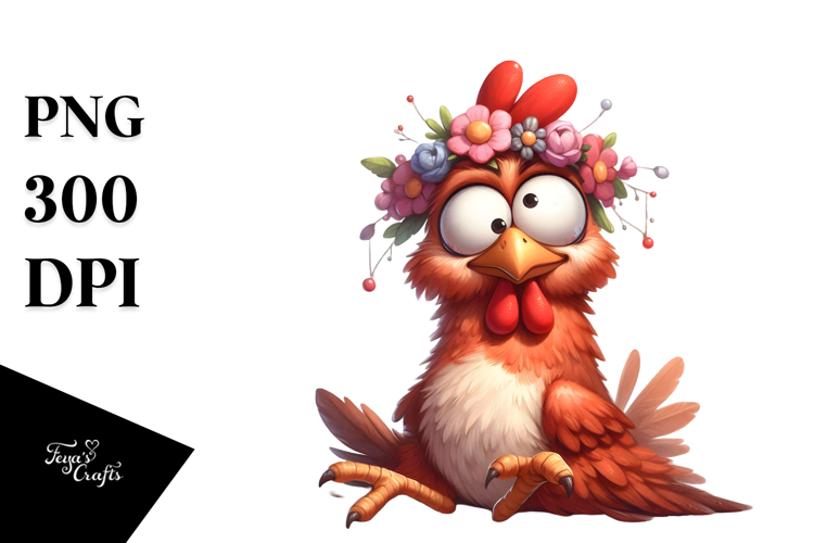 Goofy Chicken with Flower Crown, Whimsical Art