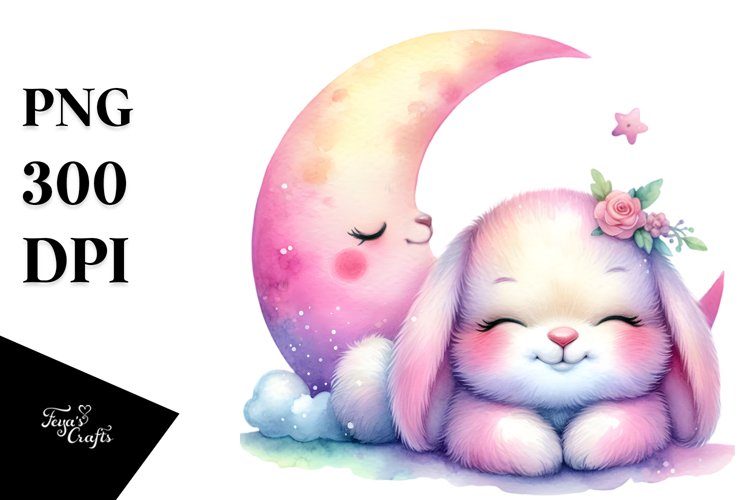 Cute Baby Bunny Sleeping Under Half Moon PNG example image 1