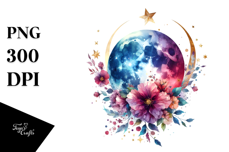 Abstract Moon with Flowers Stars Hanging | Clipart