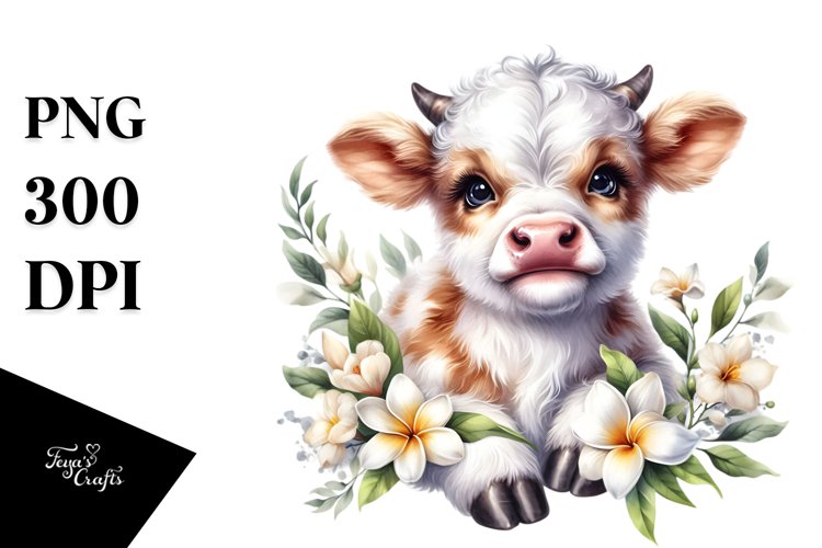 Smiling Baby Highland Cow with Floral Ornament PNG