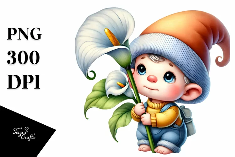 Cute Baby GNOME with Calla Lily PNG