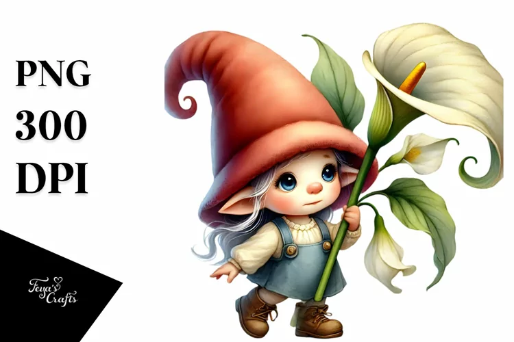 Cute Baby GNOME with Calla Lily PNG