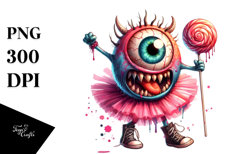 Funny Eyeball Monster with Lollipop, Watercolor Design