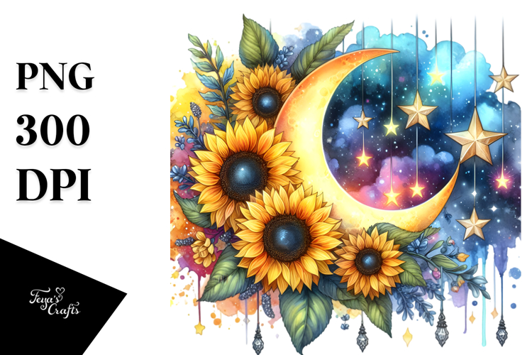 Vibrant Drawing of Half Moon and Stars PNG