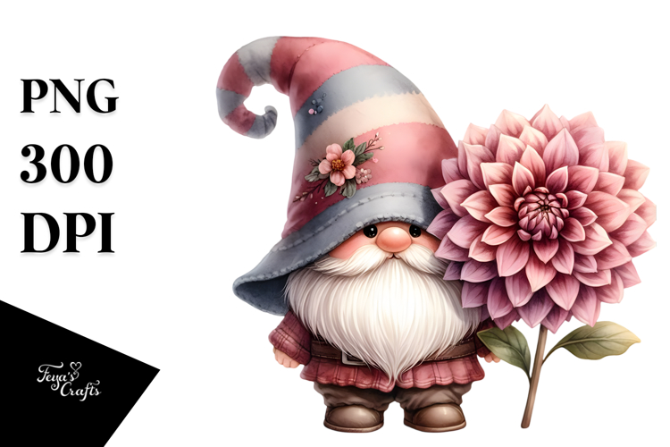 Cute Gnome with Dahlia, Watercolor Art