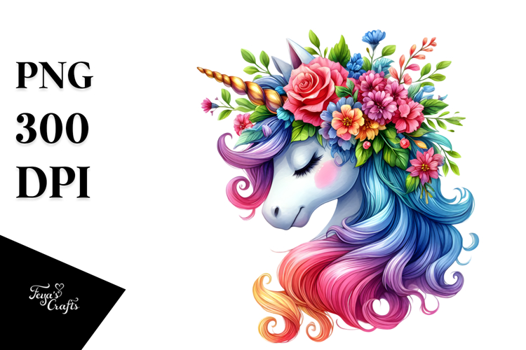 Unicorn with Floral Wreath, Bright PNG