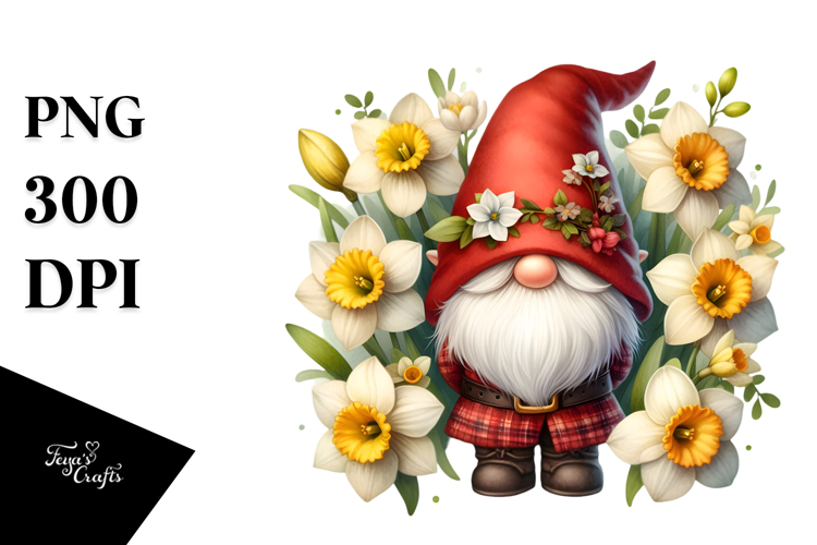 Cute Watercolor Gnome with Big Hat and Narcissus Floral PNG