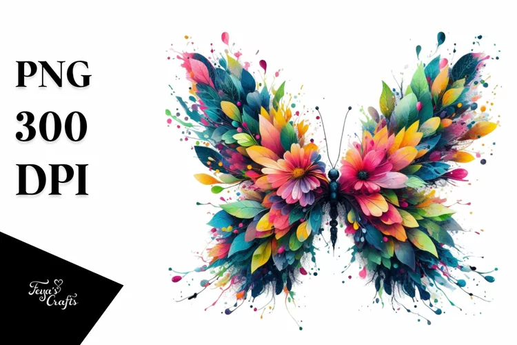 Abstract Vibrant Watercolor Butterfly with Flowers and