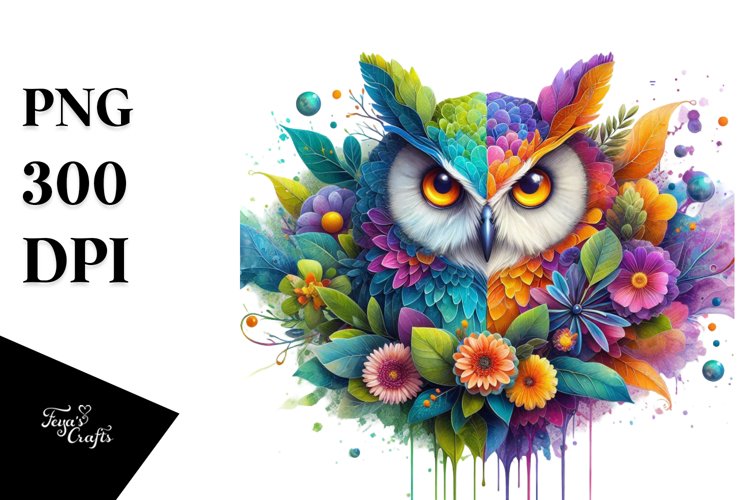 Abstract Vibrant Watercolor Owl with Flowers and Leaves