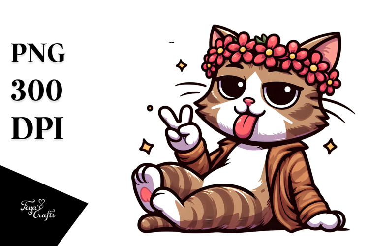 Funny Cat with Flower Crown, Vector Art