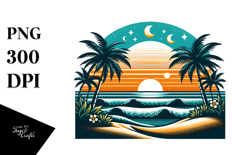 Retro Tropical Beach Sunset PNG