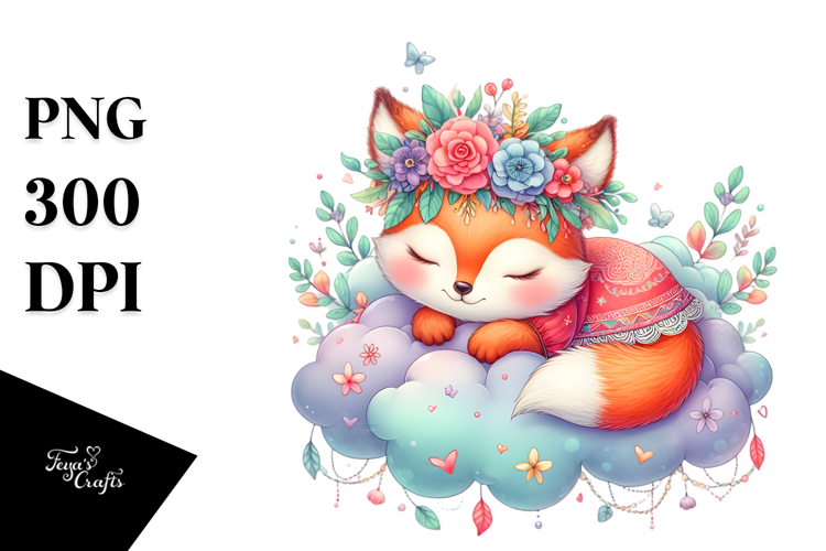 Cute Boho Baby Fox on Cloud | Sublimation | Clipart