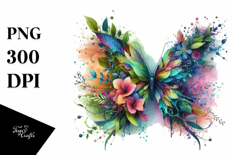 Abstract Vibrant Watercolor Butterfly with Flowers and