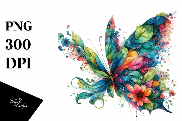 Abstract Vibrant Watercolor Butterfly with Flowers and
