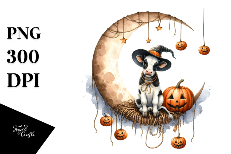 Cow Dressed for Halloween on Moon PNG