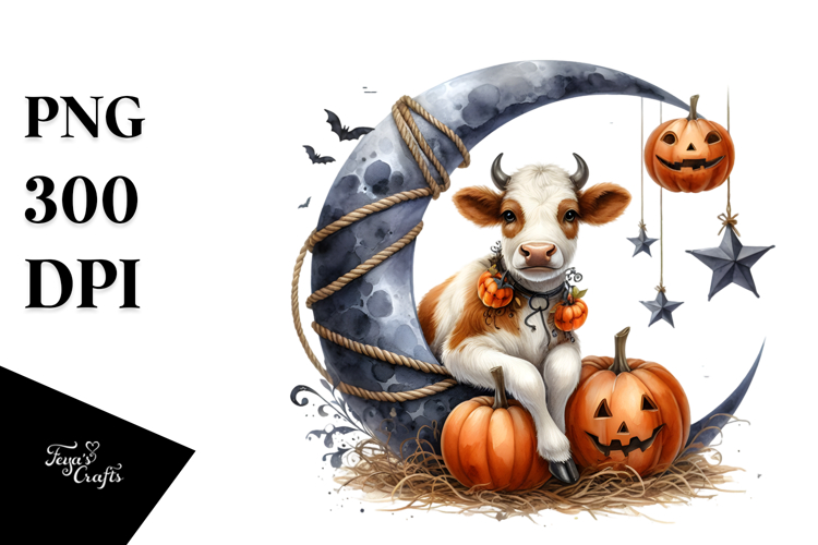 Halloween Cow on Half Moon PNG