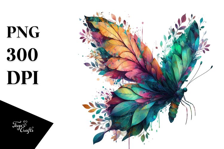 Abstract Vibrant Watercolor Butterfly with Leaves and