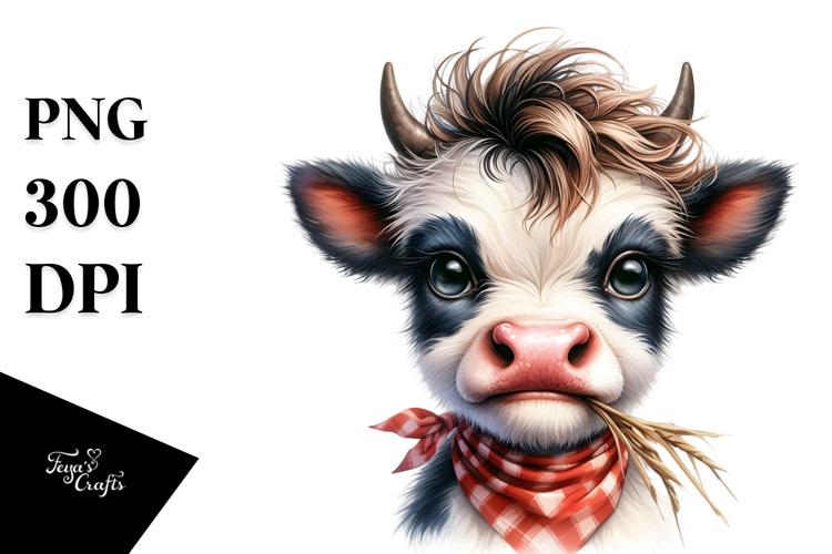 Funny Baby Cow with Hay Straw PNG