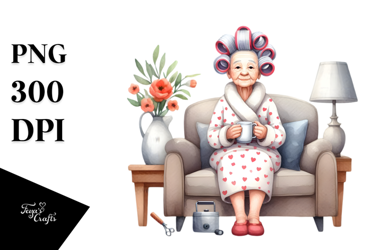 Old Lady Sitting on Sofa with Hair Curlers