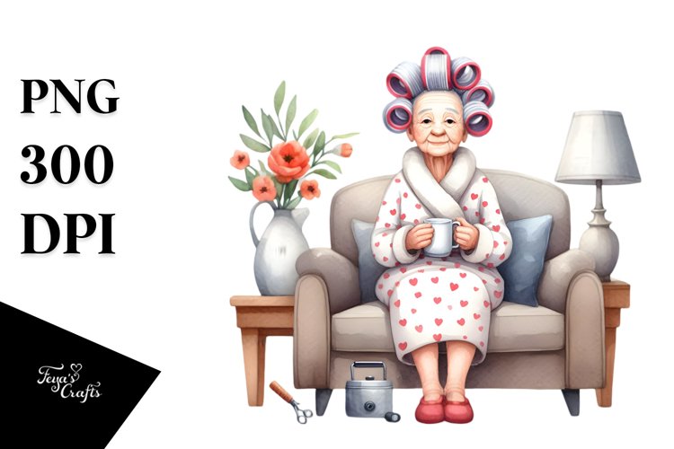 Old Lady Sitting on Sofa with Hair Curlers example image 1