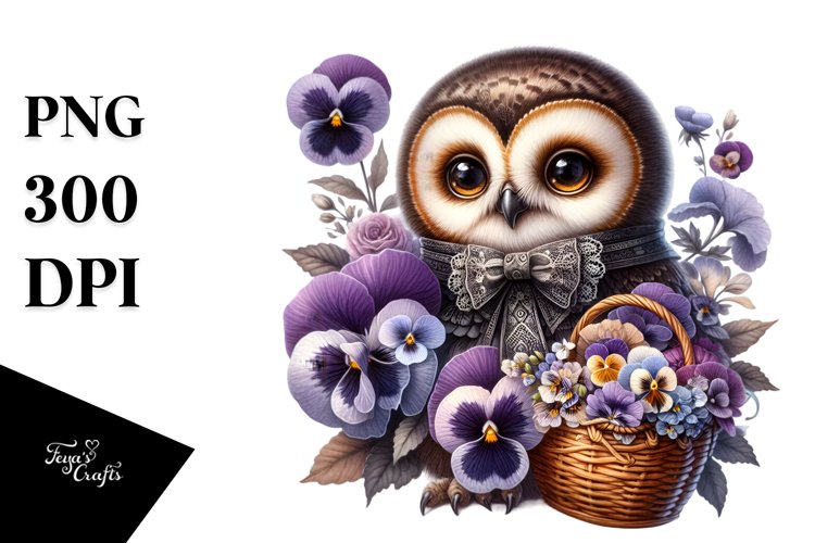 Gothic Cute Baby Owl Flowers Pansy | Clipart example image 1