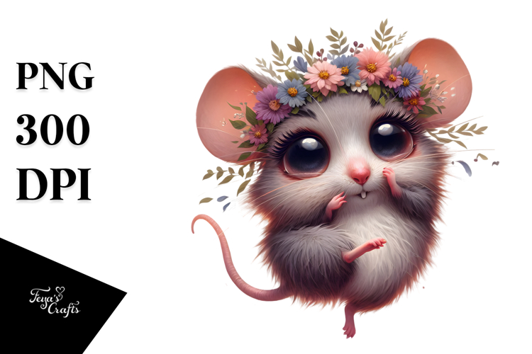 Whimsical Mouse with Flower Crown PNG
