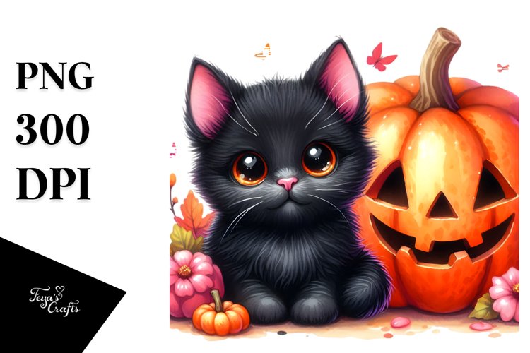 Cute Black Cat Halloween Scene | Sublimation | Clipart