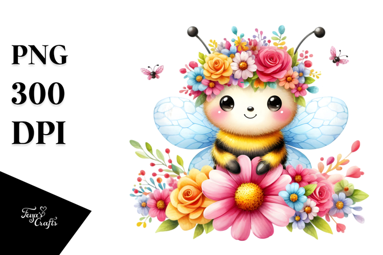 Cartoon Bee with Flower Crown, Happy PNG