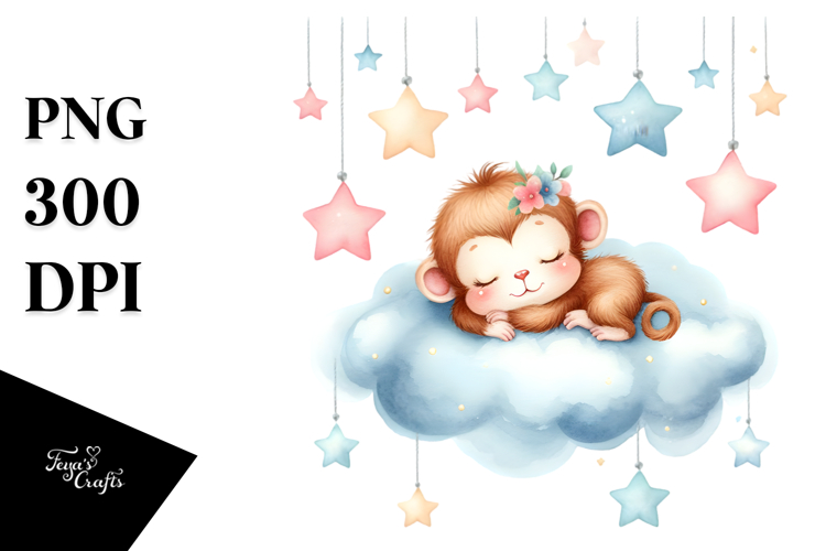 Pastel Baby Monkey Sleeping on Cloud | Sublimation | Clipart