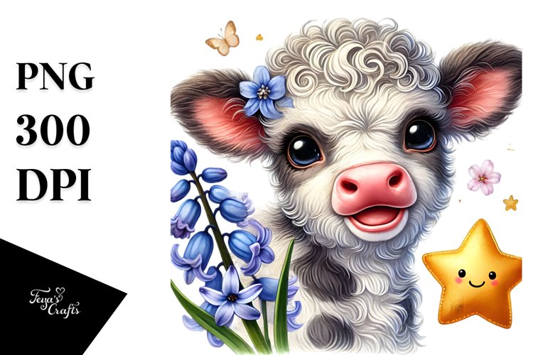Cute Baby Highland Cow with Hyacinth PNG