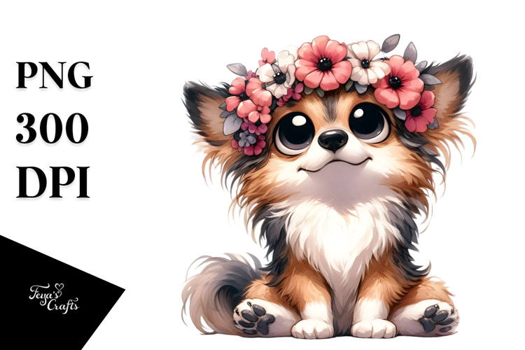 Adorable Dog with Flower Crown, Elegant Design, PNG example image 1