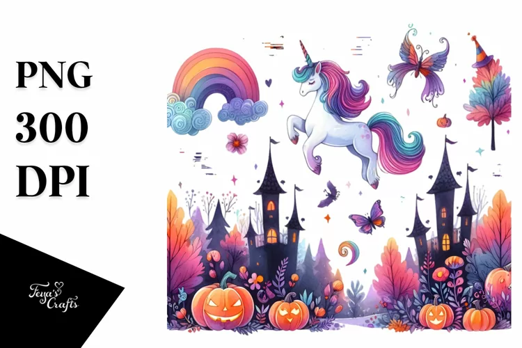 Vibrant Unicorn Halloween Scenery Watercolor | Sublimation
