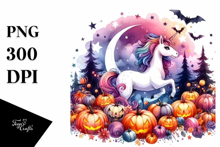 Vibrant Unicorn Halloween Scenery Watercolor | Sublimation