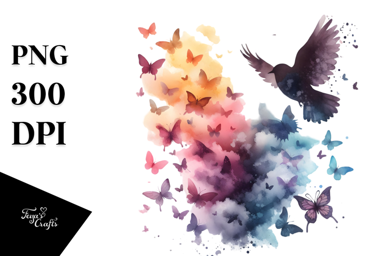 Watercolor V Painting with Bird, High-Res PNG