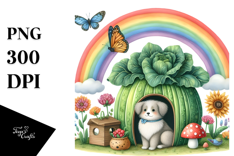 Colorful Dog House with Rainbow | Watercolor Clipart