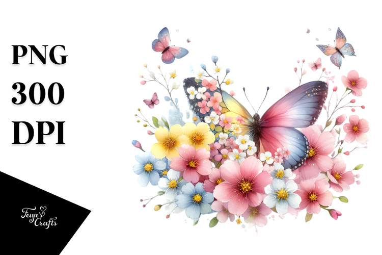 Cute Butterfly with Spring Flowers PNG