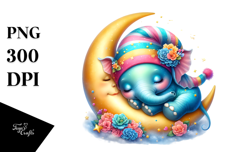 Whimsical Baby Elephant Sleeping on Moon Clipart