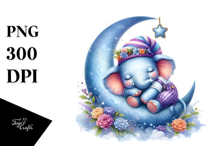 Whimsical Baby Elephant Sleeping on the Moon Clipart
