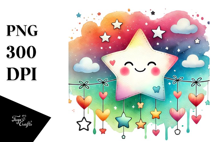 Smiling Star with Hearts, Watercolor PNG