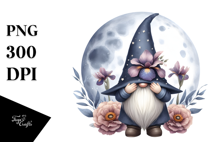 Cute Gnome with Iris Floral Frame, Watercolor Art