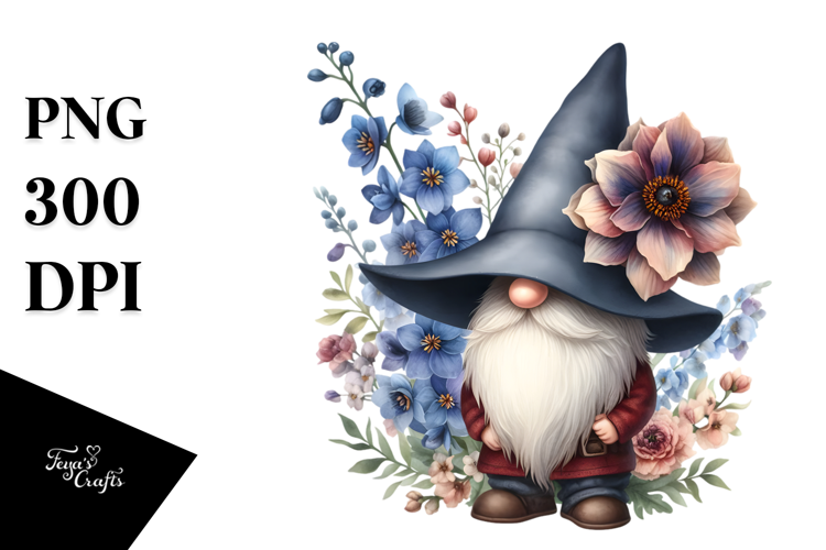 Cute Gnome with Delphinium Floral Frame, Watercolor Design