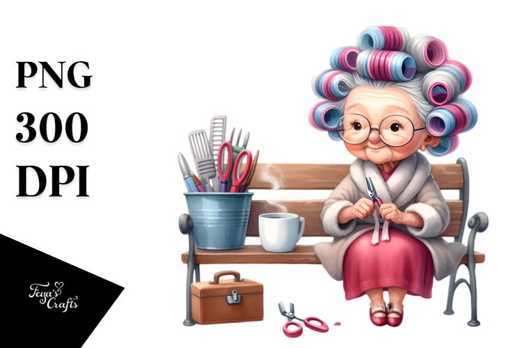 Old Lady Sitting on Bench with Hair Curlers